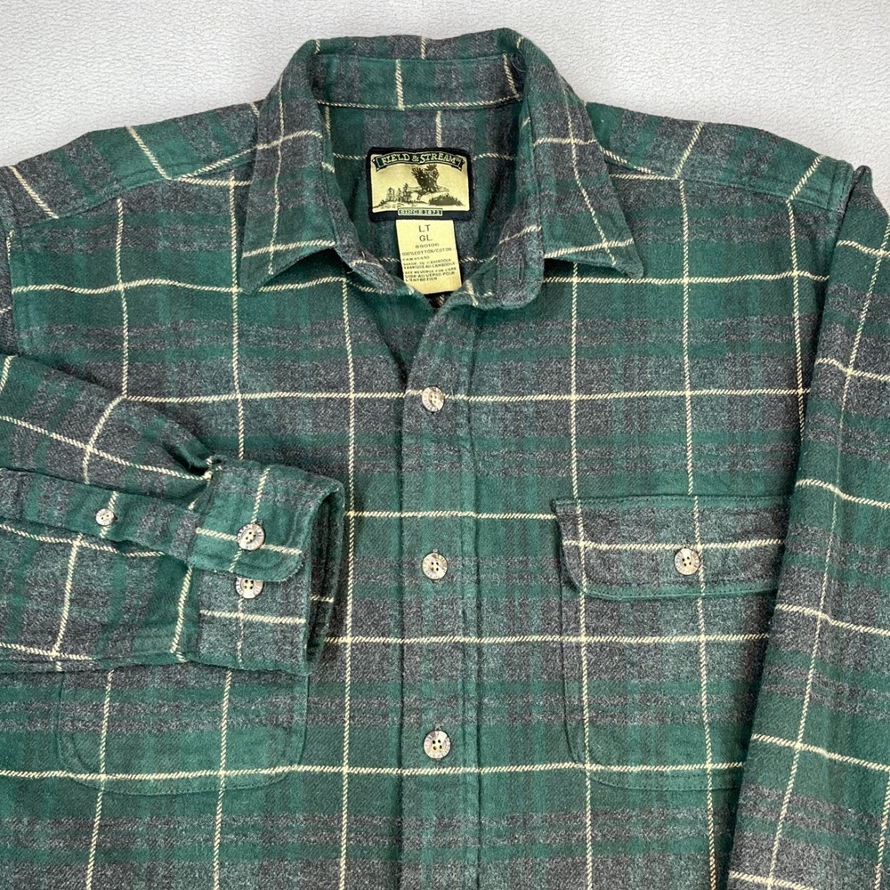 Field & Stream Mens Heavy Plaid Flannel Shirt Green Gray Cotton Large Tall